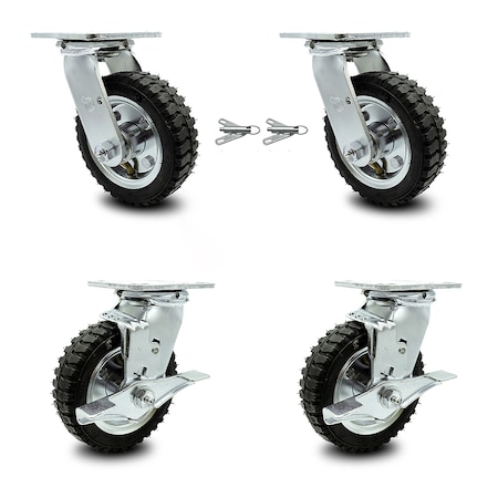 Service Caster 6 Inch Black Pneumatic Wheel Caster Swivel with Swivel Locks 2 with Brakes, 4PK SCC-100S150-PNB-BSL-2-TLB-2